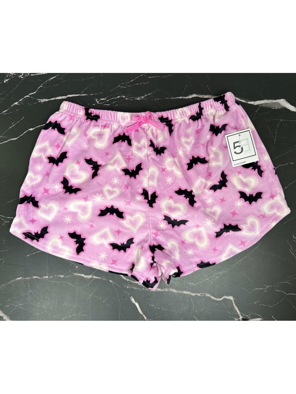 Women's Pink Fleece Lounge Shorts with Black Bat and Heart Pattern, Size L